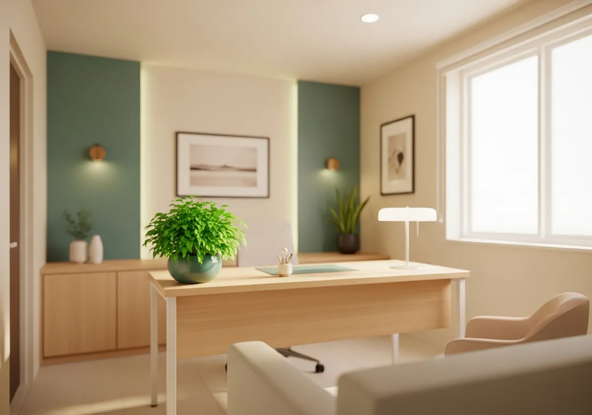 Warm, softly lit consultation room with natural light and calm neutral tones