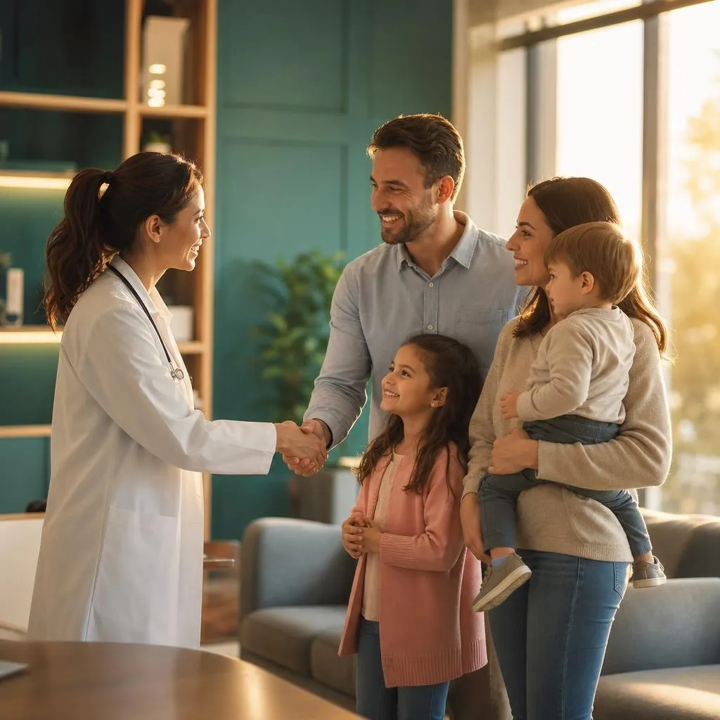 Illustration of a physician warmly welcoming a young family in a clinic